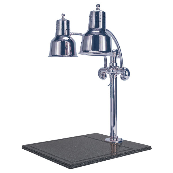 A Hanson Heat Lamps chrome carving station with two lamps on a black synthetic granite surface.