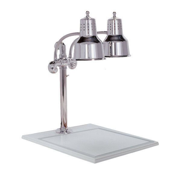 A Hanson Heat Lamps chrome carving station with two lamps on a white surface.
