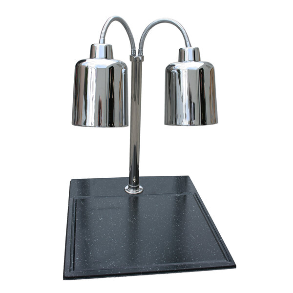 A Hanson Heat Lamps stainless steel carving station with two chrome lamps over a black surface.