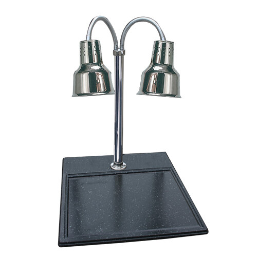 A Hanson Heat Lamps stainless steel carving station with two metal lamps on a black surface.