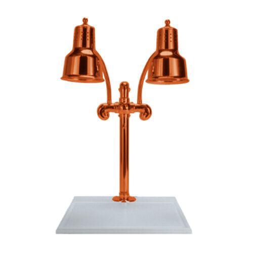 A Hanson Heat Lamps dual lamp carving station with smoked copper lamps on a white surface.
