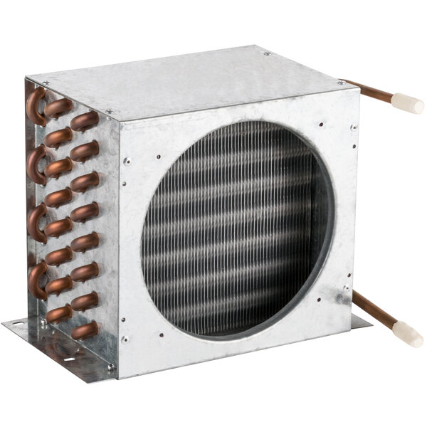 An Avantco condenser coil, a metal box with round copper pipes inside.