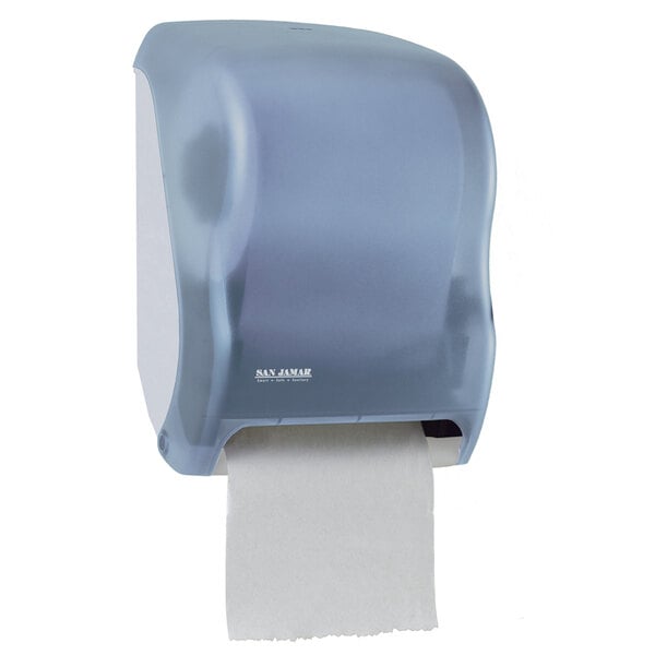 A San Jamar Arctic Blue and white paper towel dispenser with a grey plastic cover.