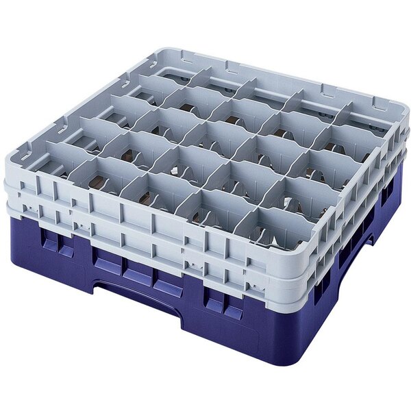 A navy blue plastic container with 25 compartments and 4 extenders.