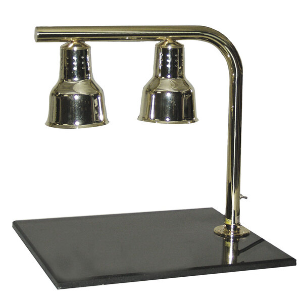 A chrome Hanson Heat lamp with two shades on a black synthetic granite base.