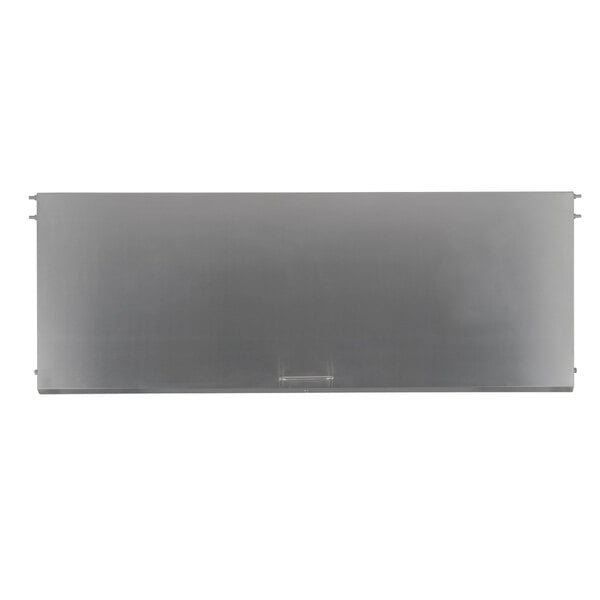 A rectangular metal lid with a stainless steel background.