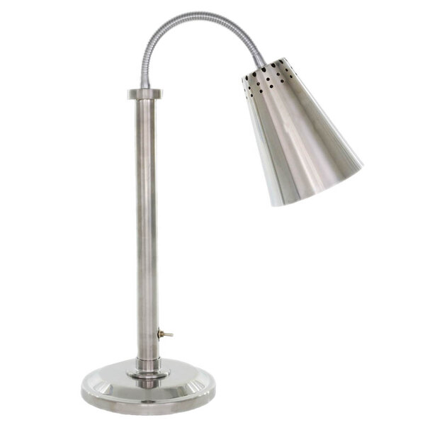 A Hanson Heat Lamps stainless steel flexible freestanding single bulb heat lamp with a flexible neck.