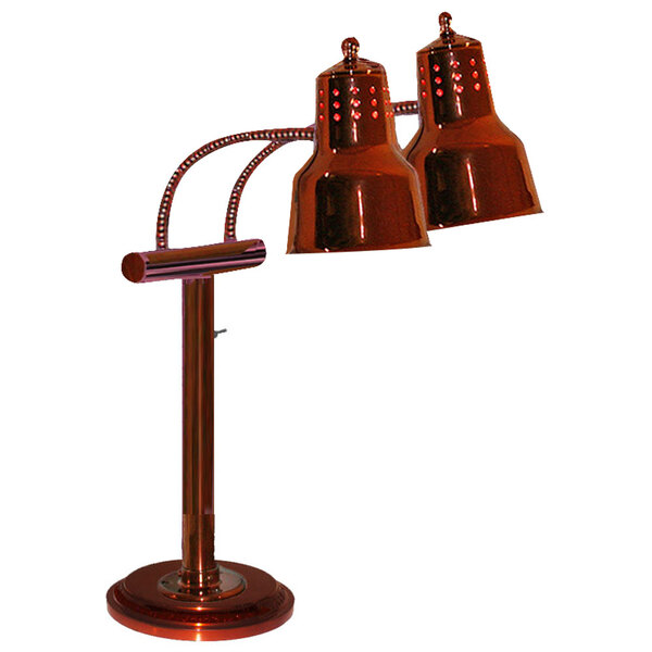 A Hanson Heat Lamps freestanding heat lamp with a smoked copper finish and 9" round base with two lamps.