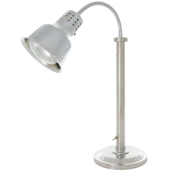 A stainless steel Hanson Heat Lamps freestanding heat lamp with a curved pole and a metal base.