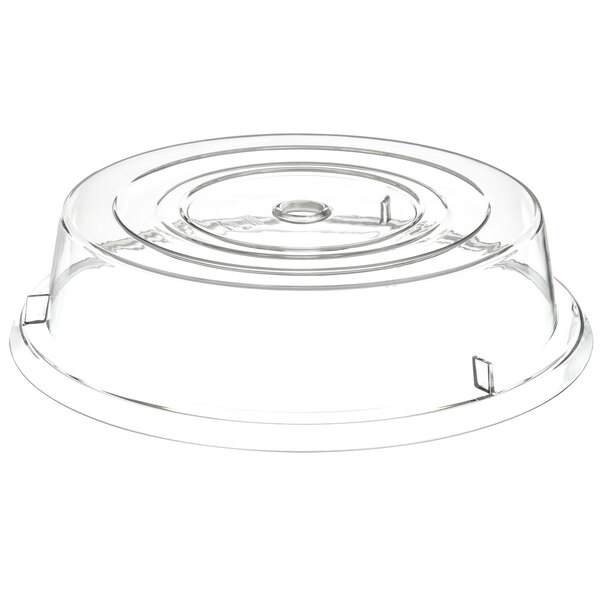 A clear plastic Carlisle plate cover with a circular lid.