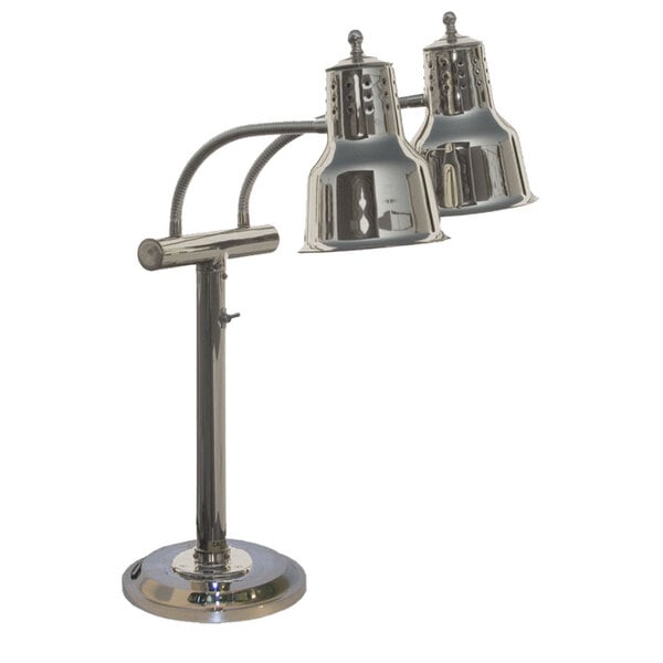 A Hanson Heat Lamps freestanding dual bulb heat lamp with a chrome finish and round base.