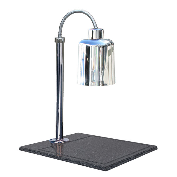 A stainless steel Hanson Heat Lamp above a black granite carving station.