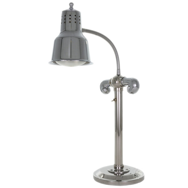 A stainless steel Hanson Heat Lamps countertop heat lamp with a curved arm and round metal base with a chrome finish.