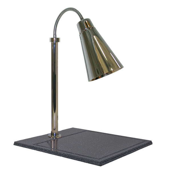 A stainless steel Hanson Heat Lamp carving station on a black table.