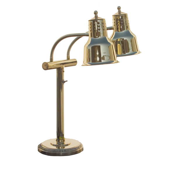 A Hanson Heat Lamps brass freestanding lamp with two lights.