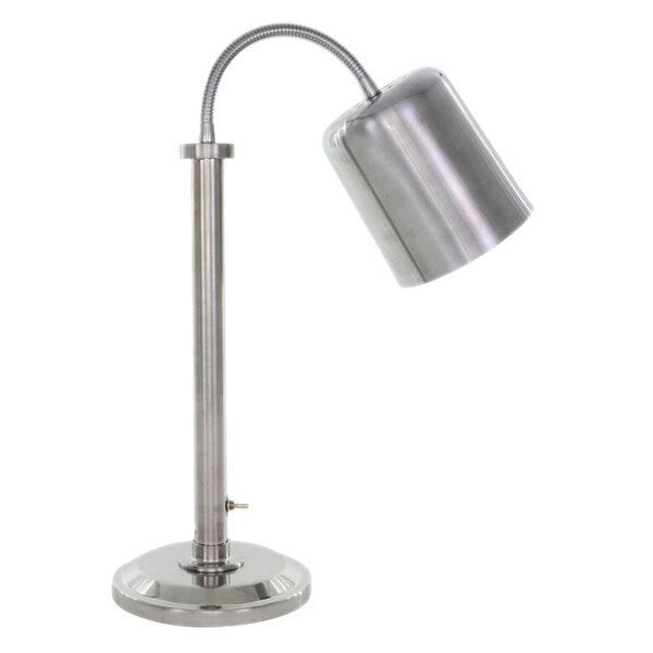 A stainless steel Hanson Heat Lamps freestanding heat lamp with a curved metal pole.
