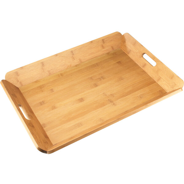 A Cal-Mil bamboo room service tray with handles.