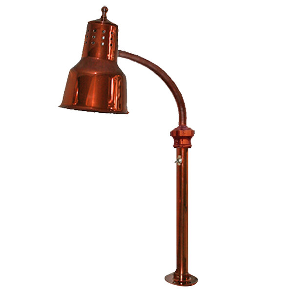 A close-up of a copper Hanson Heat Lamp with a red bulb.