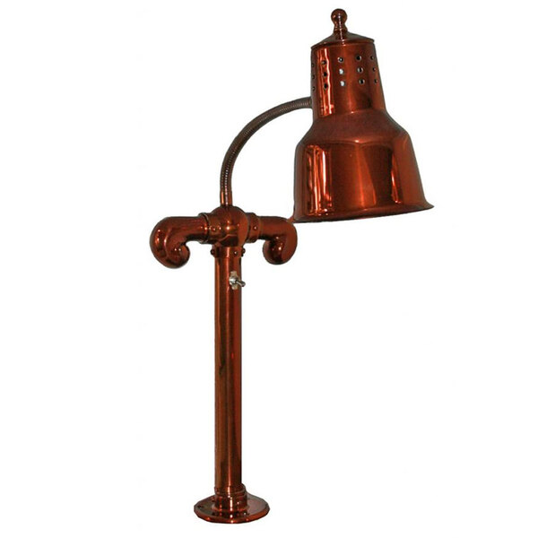 A close-up of a Hanson Heat Lamps smoked copper countertop food warmer with a flex mount.