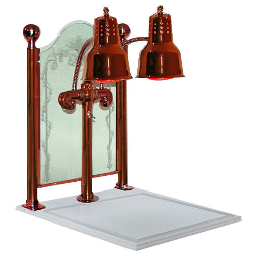 A Hanson Heat Lamps smoked copper carving display with white solid surface base and sneeze guard.