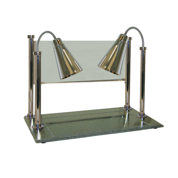 A Hanson Heat Lamps stainless steel carving display with two lamps and a sneeze guard.
