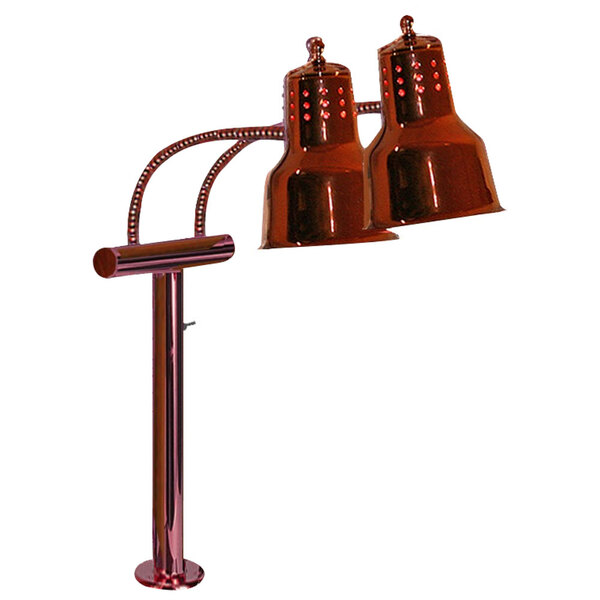 A pair of Hanson Heat Lamps with a smoked copper finish and two lights on a metal pole.
