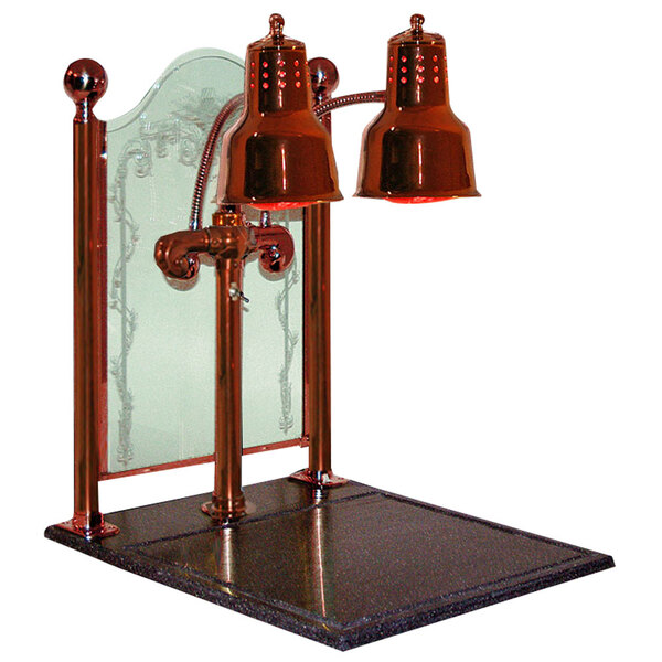 A Hanson Heat Lamps dual bulb carving display with a smoked copper finish on a metal stand.