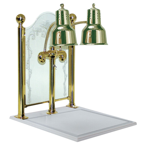 A brass Hanson Heat Lamps carving display with white solid surface base.