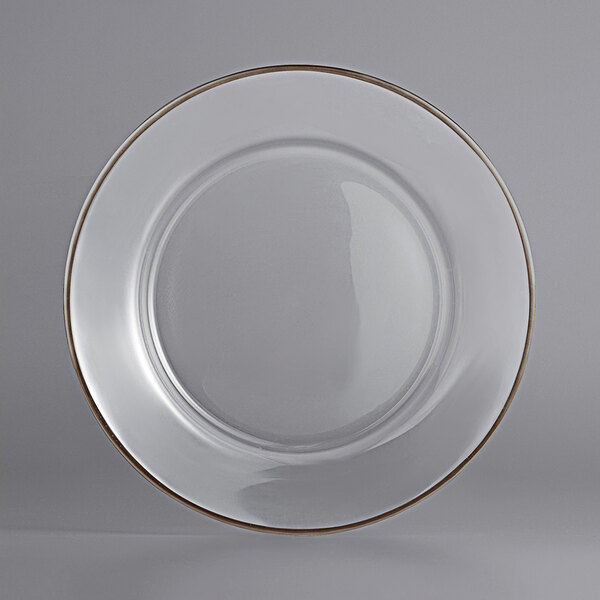 A clear glass plate with a platinum rim.