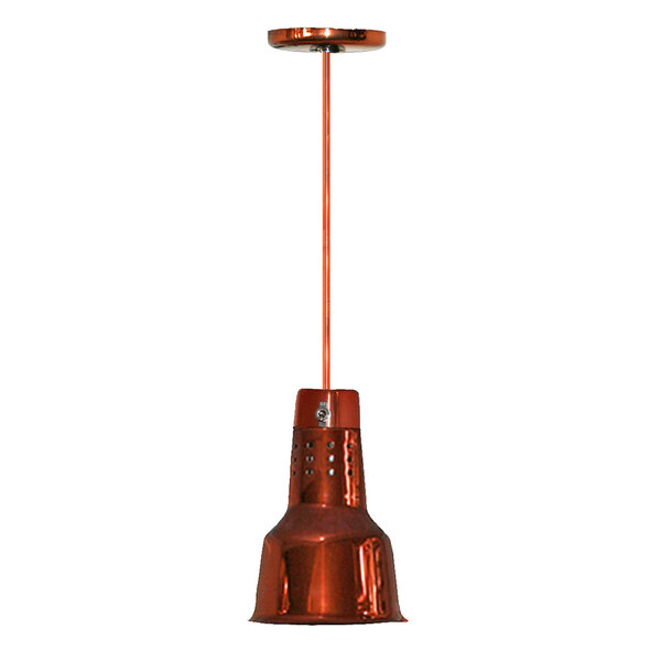 A Hanson Heat Lamp with a smoked copper finish hanging from the ceiling.