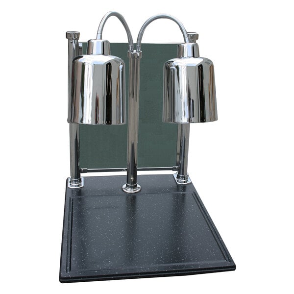 A Hanson Heat Lamps stainless steel carving station with two silver shades over a black counter.