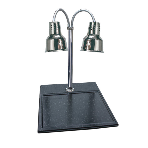 A Hanson Heat Lamps stainless steel carving station with two lamps over a black cutting base.