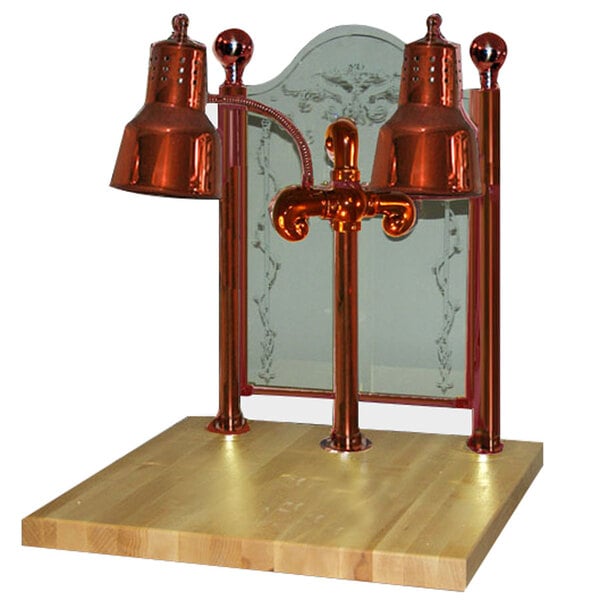 A Hanson Heat Lamps dual bulb carving station on a wooden base with a sneeze guard.