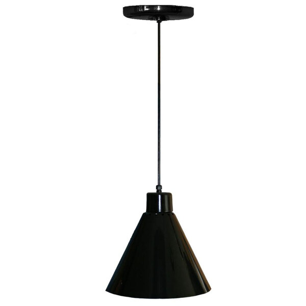 A Hanson Heat Lamps black ceiling mount heat lamp with a black shade.