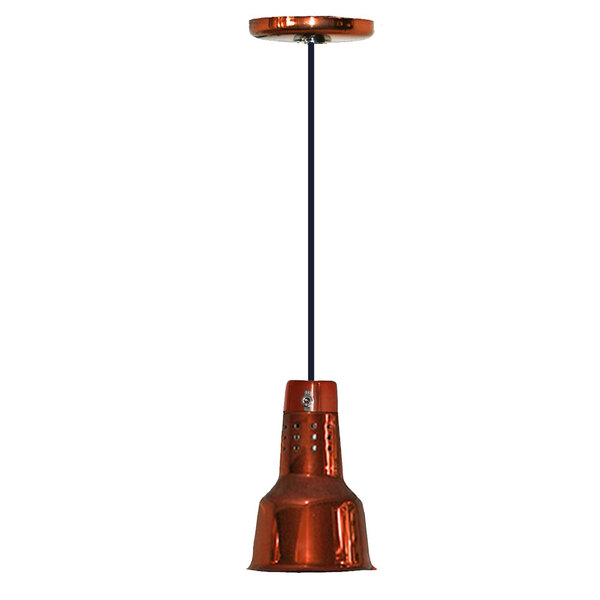 A Hanson Heat Lamps ceiling mount heat lamp with a smoked copper finish hanging in a bar.