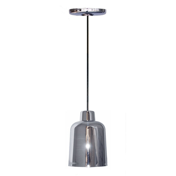 A Hanson Heat Lamps ceiling mount heat lamp with a chrome finish over a dining table.