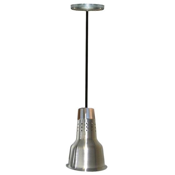 A Hanson Heat Lamps stainless steel ceiling mount heat lamp over a table in a restaurant.