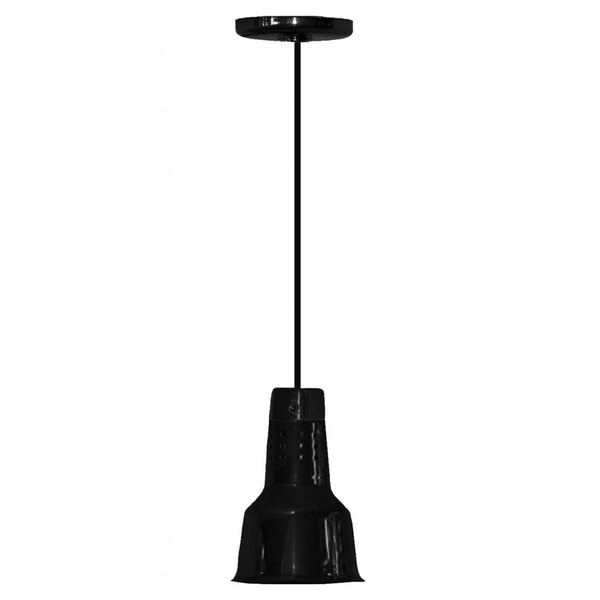 A black Hanson Heat Lamps ceiling mount heat lamp with a black pole.