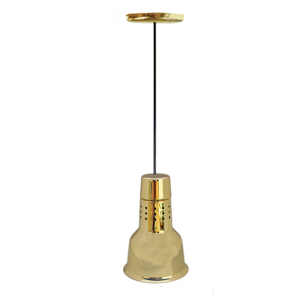A Hanson Heat Lamps brass ceiling mount heat lamp with a black shade over a metal pole.