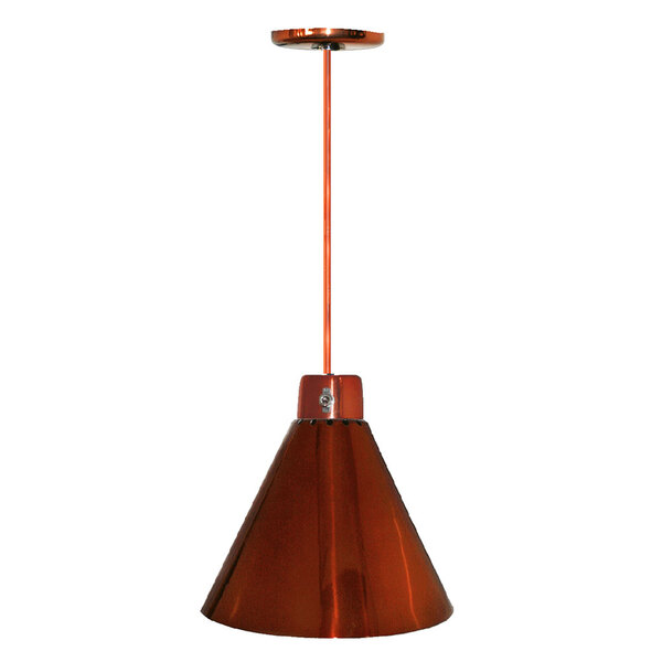 A Hanson Heat Lamp with a smoked copper finish hanging from a ceiling.