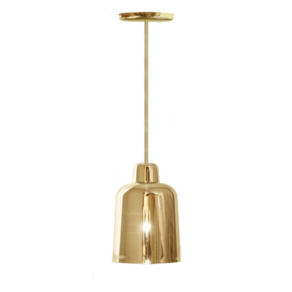 A Hanson Heat Lamps ceiling mount heat lamp with a brass finish.