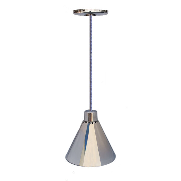 A tall silver cone shaped Hanson Heat Lamp with a light on a long pole.