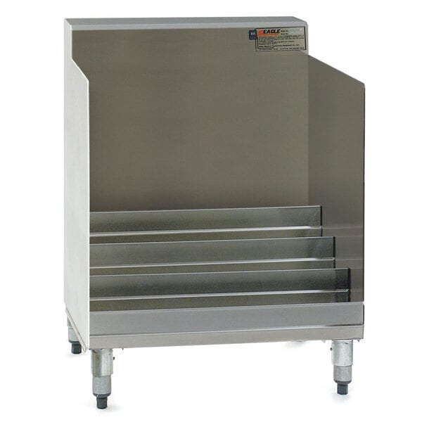 A stainless steel Eagle Group low-tier liquor display with four shelves.