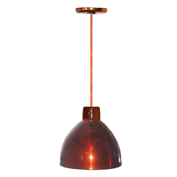A Hanson Heat Lamp with a smoked copper finish hanging from a ceiling.