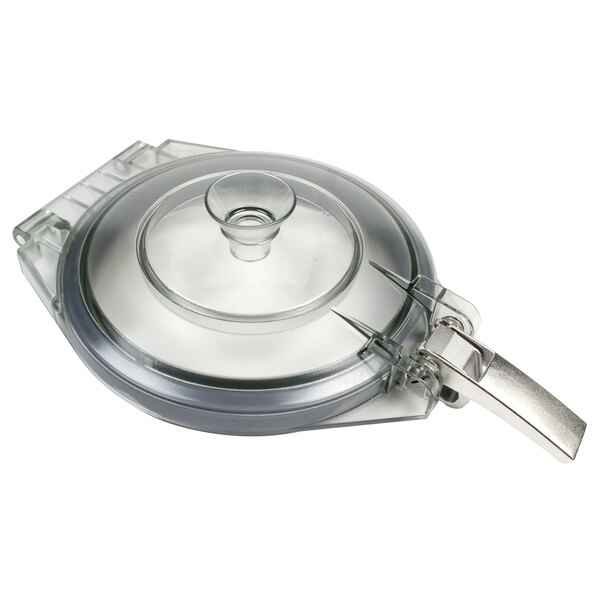 A clear plastic lid with a metal handle for a Robot Coupe commercial food processor.