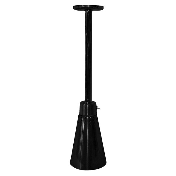 A black pole with a round base and a cone shaped black heat lamp.