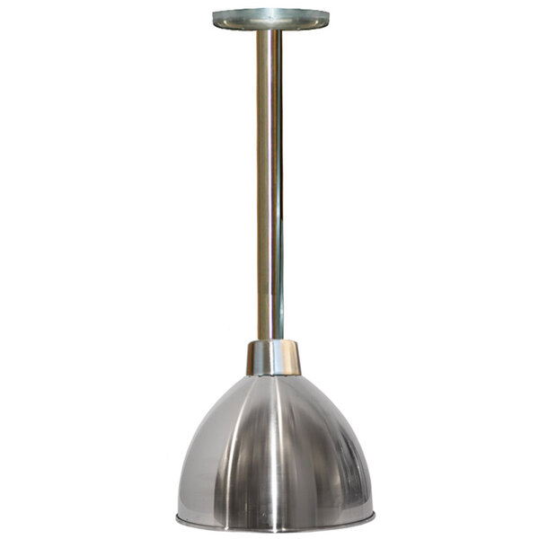 A Hanson Heat Lamps stainless steel ceiling mount heat lamp.