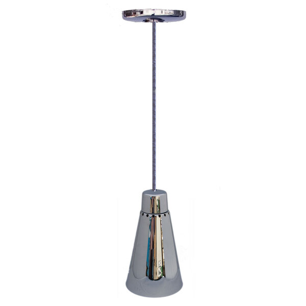 A Hanson Heat Lamps ceiling mount heat lamp with a chrome finish over a glass shade.