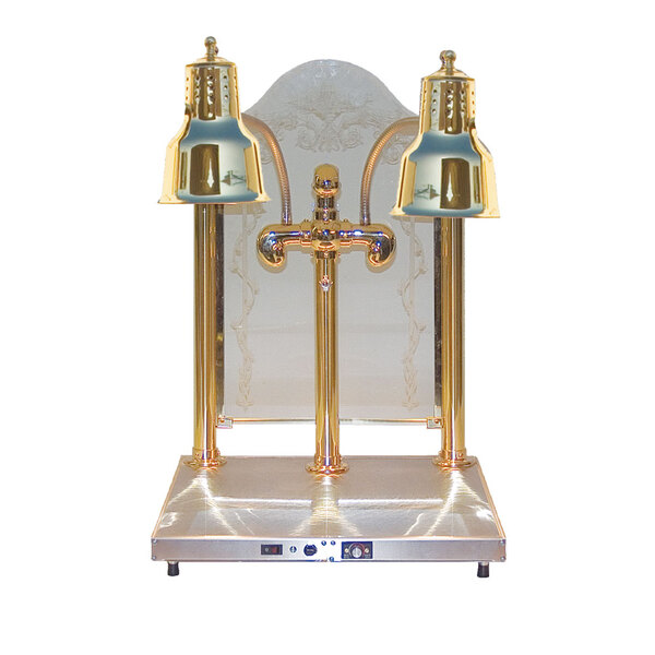 A brass Hanson Heat Lamps carving station with two lamps.