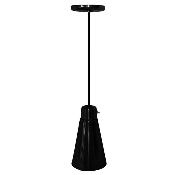 A Hanson Heat Lamps ceiling mount heat lamp with a black cone-shaped shade hanging from a black pole.